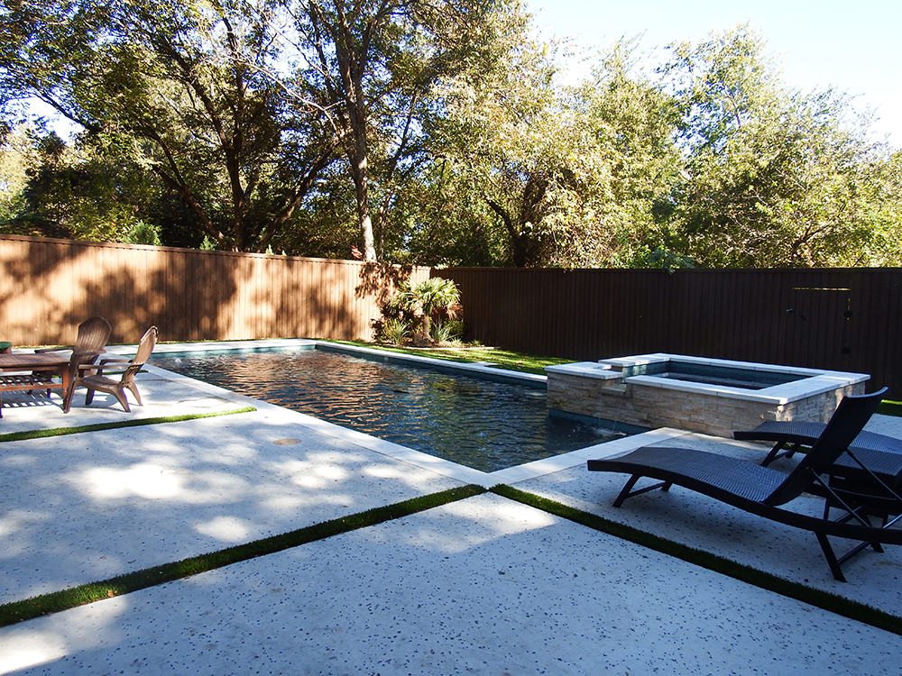 Modern straight-line pool with tanning ledge and spa